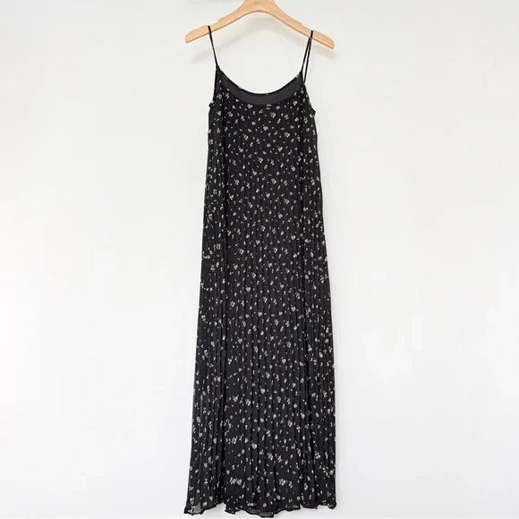 H&M Black Floral Pleated Midi Dress Size XS Spaghetti Strap Lightweight Summer - Picture 8 of 11